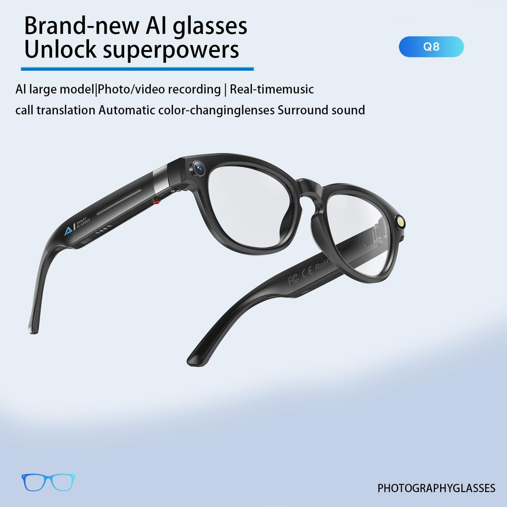 Q8 AI Smart Glasses – HD Camera, Music, Call Translation & Smart Audio Eyewear