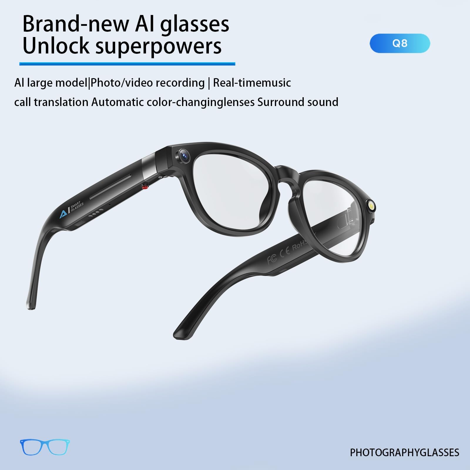 Q8 AI Smart Glasses – HD Camera, Music, Call Translation & Smart Audio Eyewear