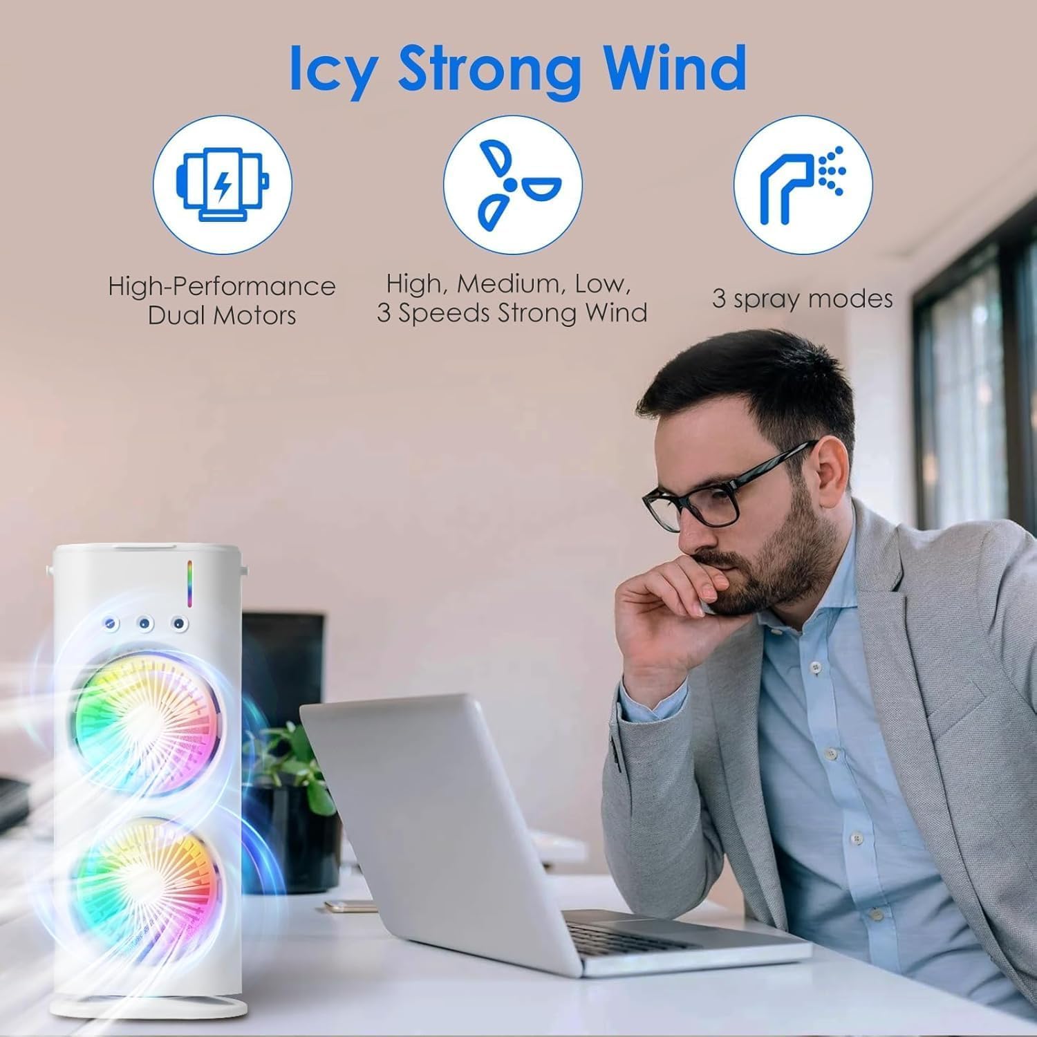 Portable Dual-Fan Air Cooler with RGB Lights & Remote Control – Smart Mini Cooling Fan for Home & Office